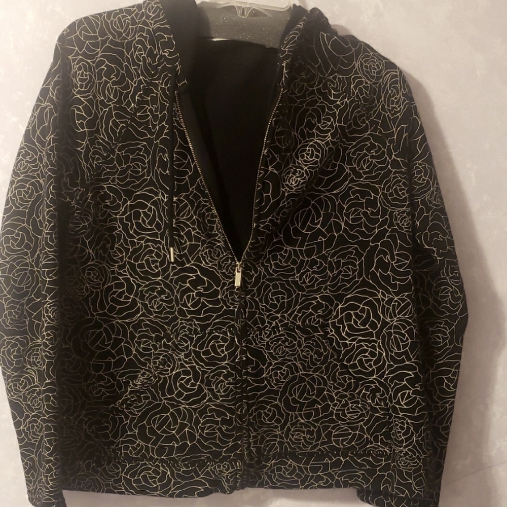 Liz Claiborne Floral Black And Gold Zip Up Hoodie Jacket Liz Claiborne